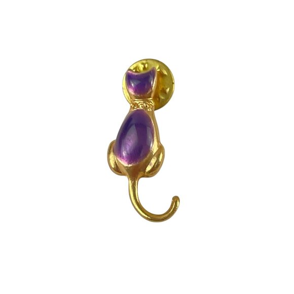 Gold-Tone Purple Cat Brooch Pin With Glossy Finish & Tail Accent - Picture 6 of 7